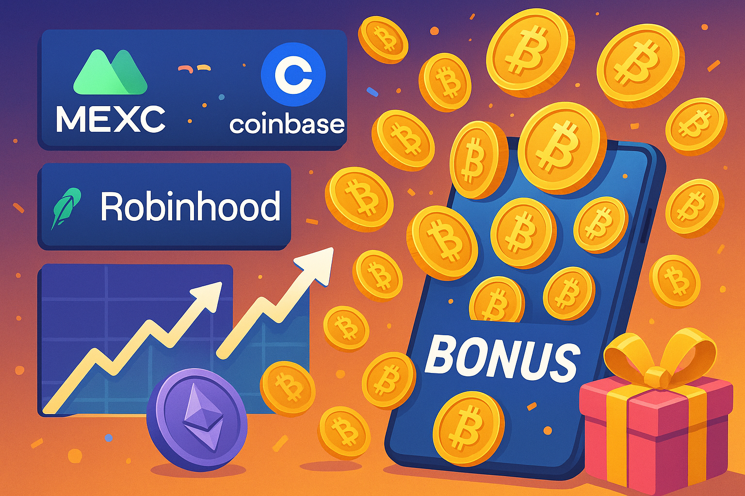 Futuristic interface with crypto charts and bonus icons